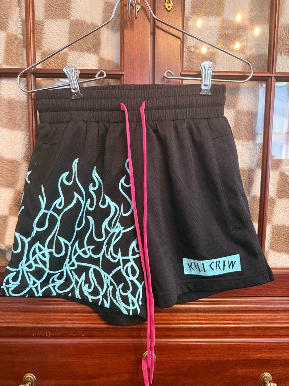 Kill Crew Black Athletic Shorts with Aqua Flame Print and Pink Drawstring